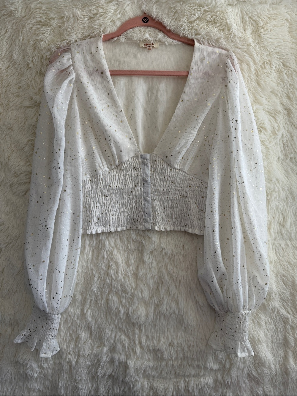 A.Peach Womens Babydoll Fairy Glitter Crop Top Size S White Smock Sheer Festival